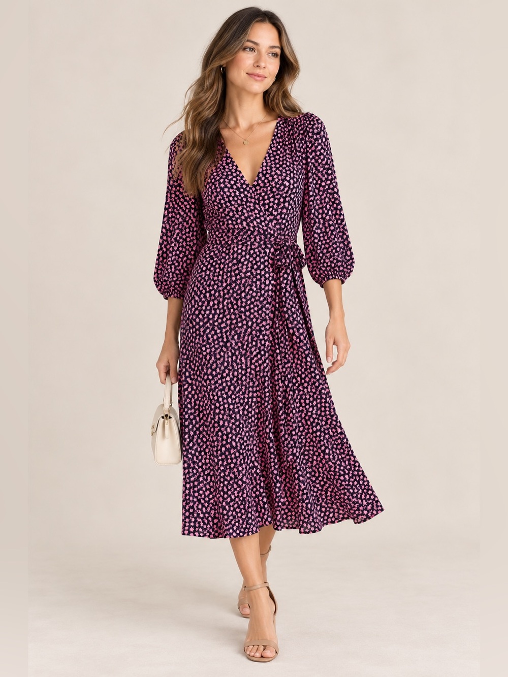 Boden Pink Floral Print Navy Midi Dress Puff Sleeve Tie Waist US 8